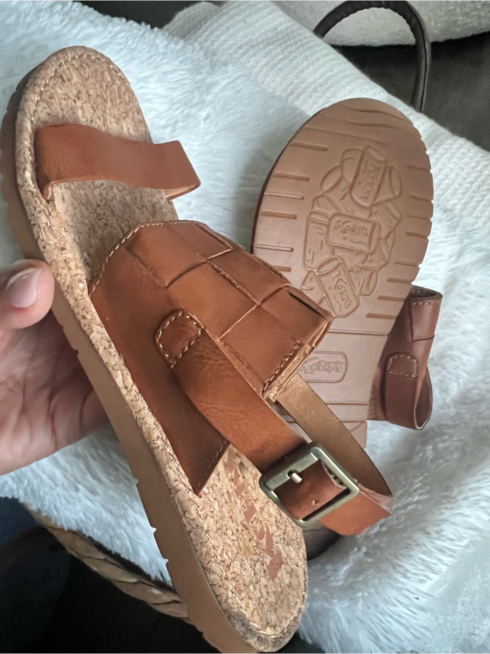 Korks Tan Leather Woven Slide Sandals with Buckle